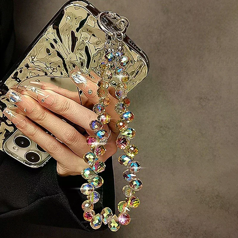 Flashing Mobile Phone Lanyard Luxury Short Water Drop Crystal Wrist Strap Handmade Beaded Handheld Pendant
