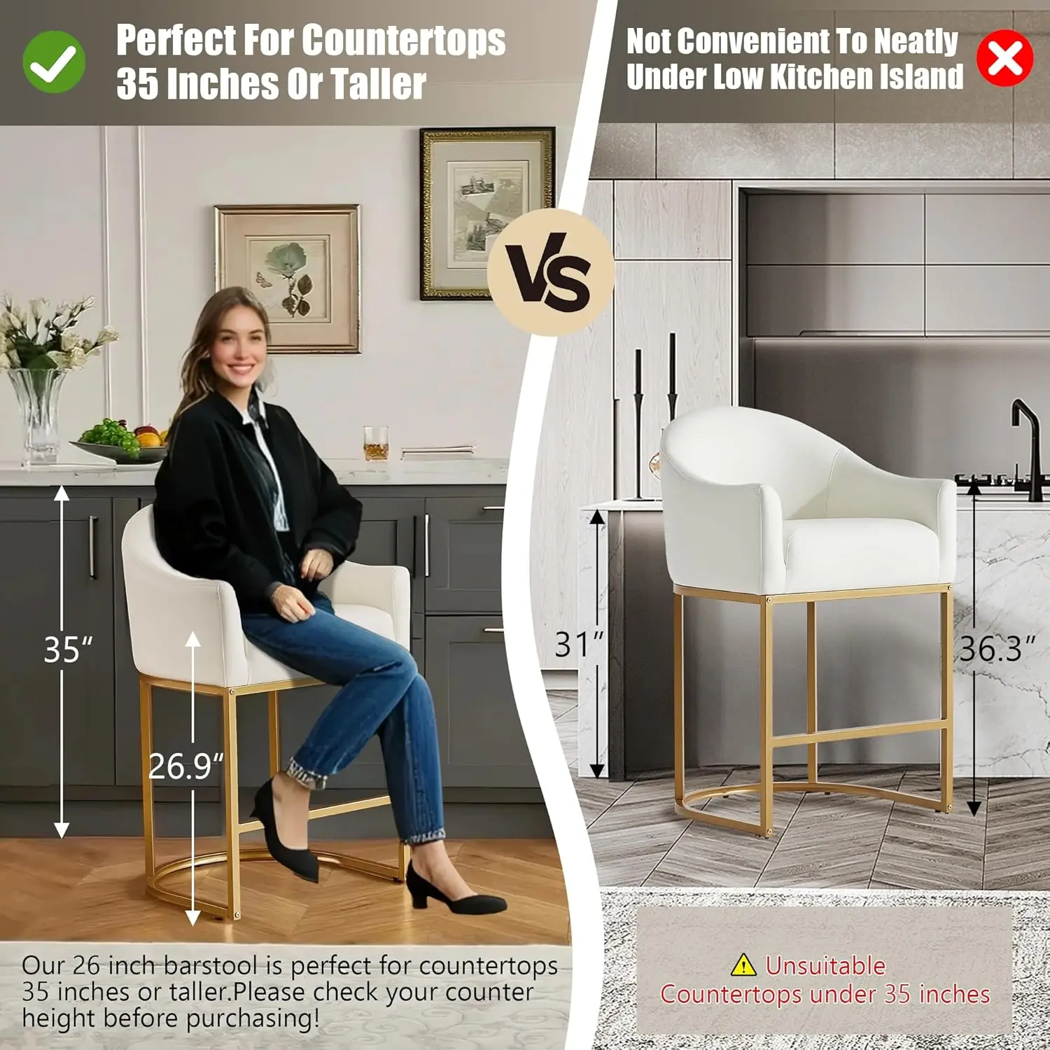 Set of 2 Modern Faux Leather Upholstered Barrel Back Counter Height Bar Stools for Kitchen Island