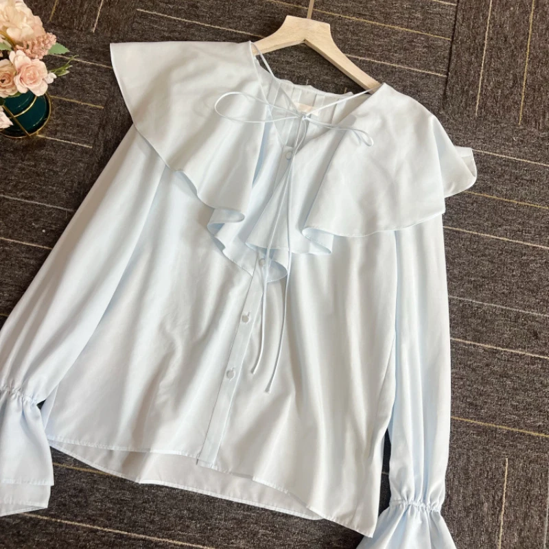 Wakuta einfarbig Knopf lose Hemden japanische lässige Frauen Top Frühling Sommer Rüschen kragen Flare Ärmel Blusa Feminina