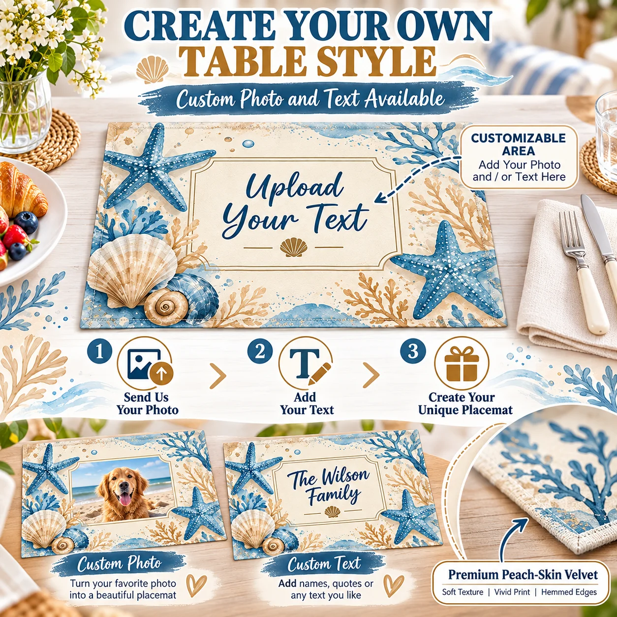 Custom Placemat Personalized Text and Pattern Polyester Dining Table Placemat for Kitchen Dining Room Wedding Party Decor Gifts