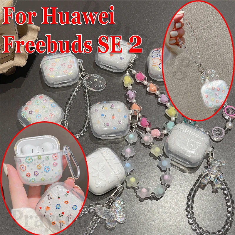 Fashion Clear Cover for Huawei Freebuds SE 2 Case Smile Face Cover for Freebuds SE2 Case for Huawei Buds Funda Chain Bracelet