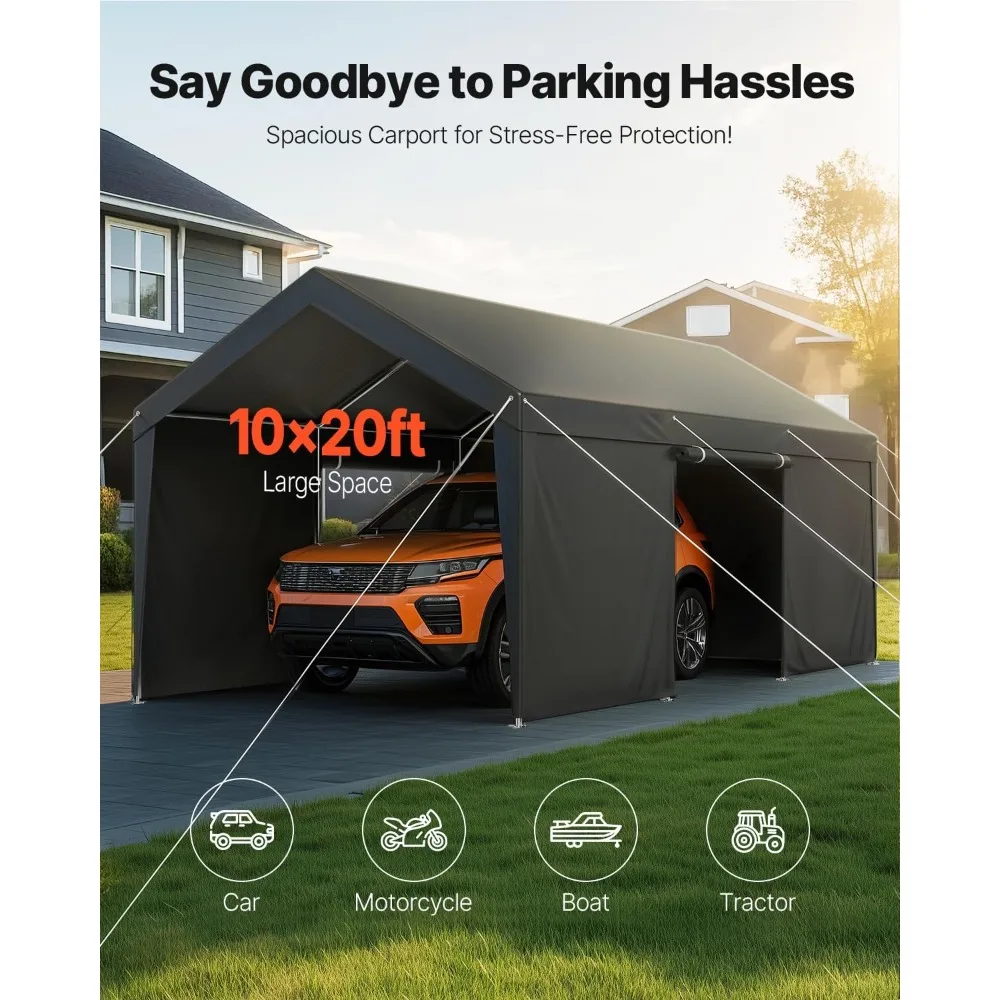 

10x20-foot Heavy-duty Carport, Portable Garage with Roll-up Windows, Removable Side Walls and Door.