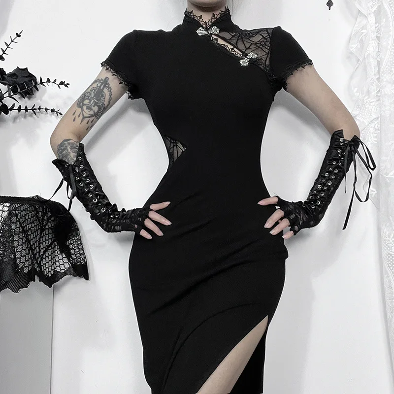 

Goth Dark 90s Vintage Aesthetic Mesh Patchwork Dress Women Fairy Gothic Party Gown Sexy Split Hem Bodycon Dresses Slim Cheongsam