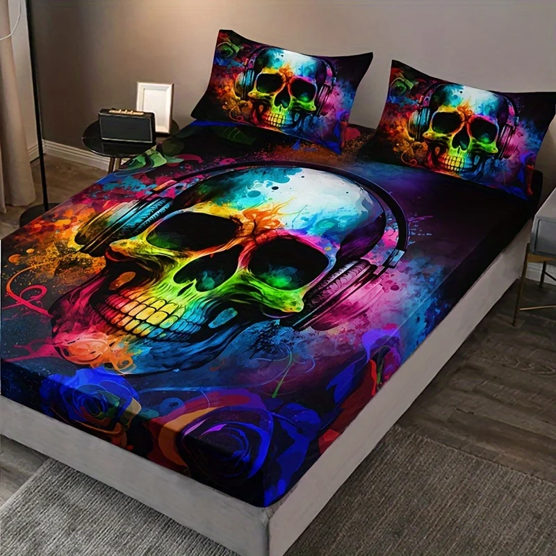 Rose Skull Fitted Sheet Soft Comfortable Solid Color Light Grey Bedding Fitted Sheet For Bedroom Guest Room With Deep Pocket 3
