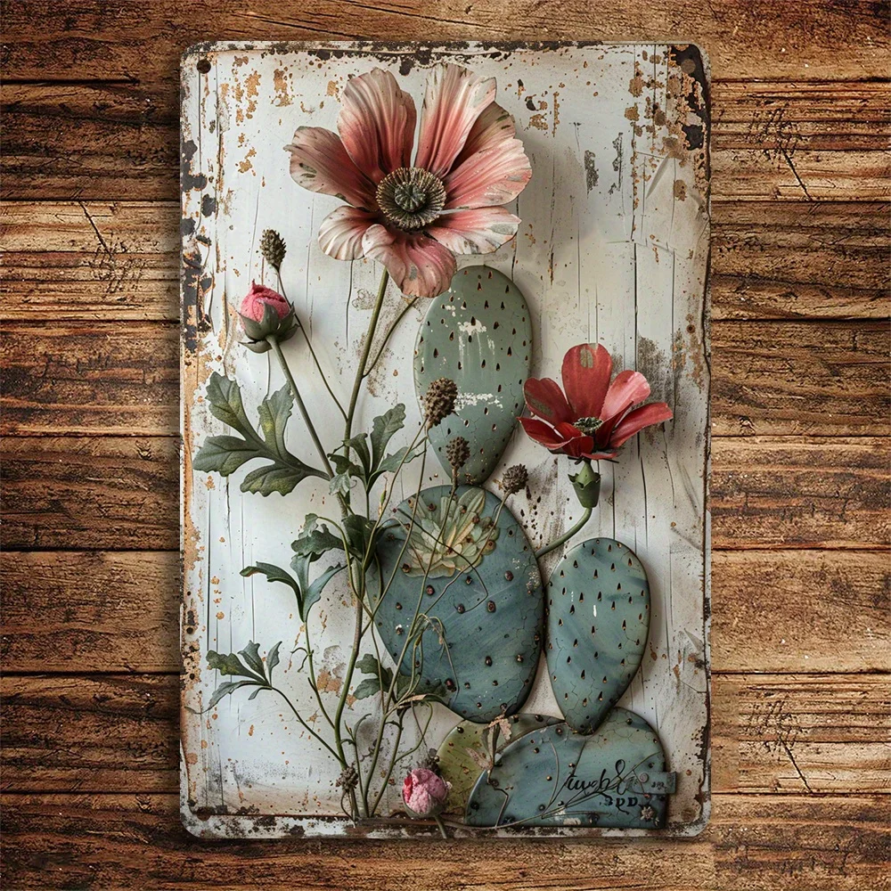 

1PC Vintage Cactus and Floral Iron Metal Sign Rustic Wall Decor for Home Living Room Bedroom - 8x12 Inch Home Wall Decoration