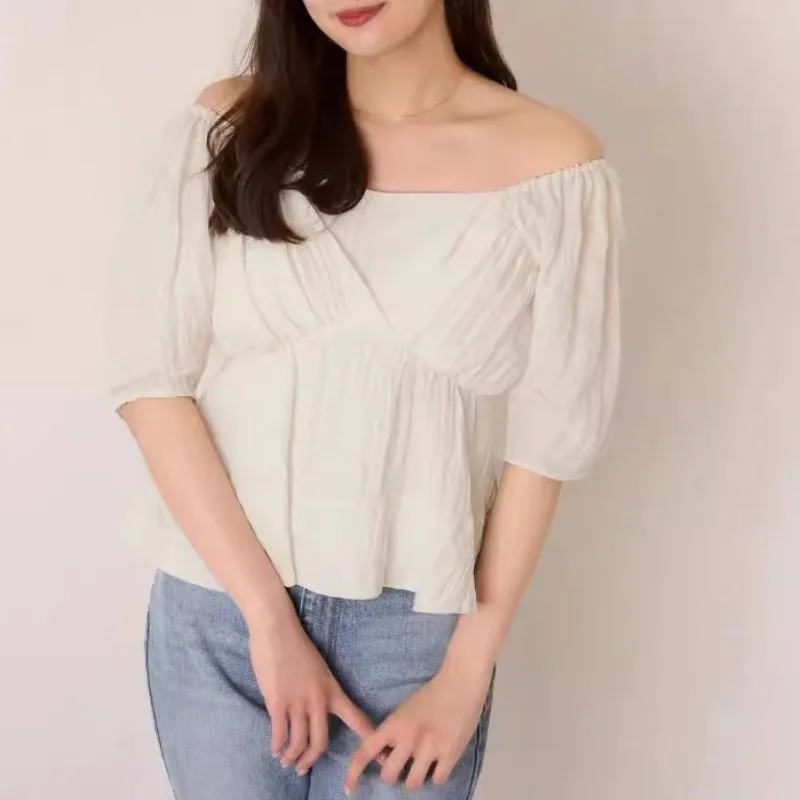 V-neck Pleated Shirts & Blouses Short Sleeve 2024 Woman Blusas Tunic Hem Ropa Mujer Japan Style Camisas Summer New Roupas