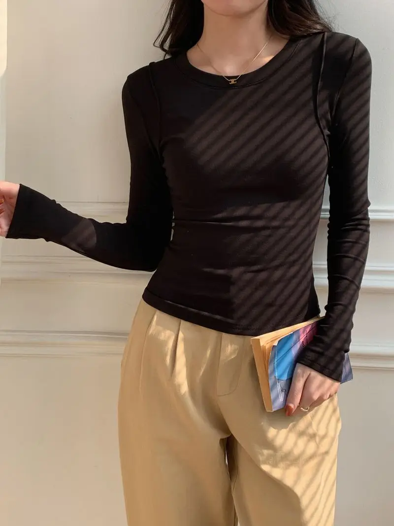 Neue O Hals Baumwolle Langarm T-shirt für Frauen Sexy Gestellte Tops Herbst Beiläufige Dünne Dünne Grundlegende Frau T Shirts Weiße Kleidung – Detail 6