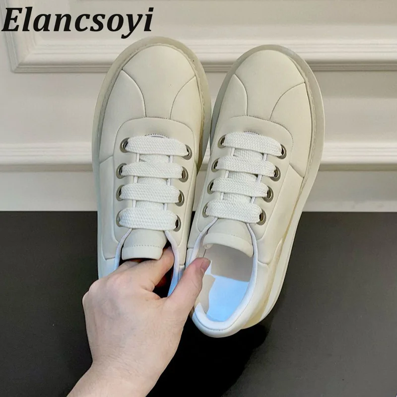 

Real Leather Round Toe Lace Up Sneakers Thick Soled Height Increasing Casual Shoes Versatile Spring Autumn Tennis Shoes Unisex