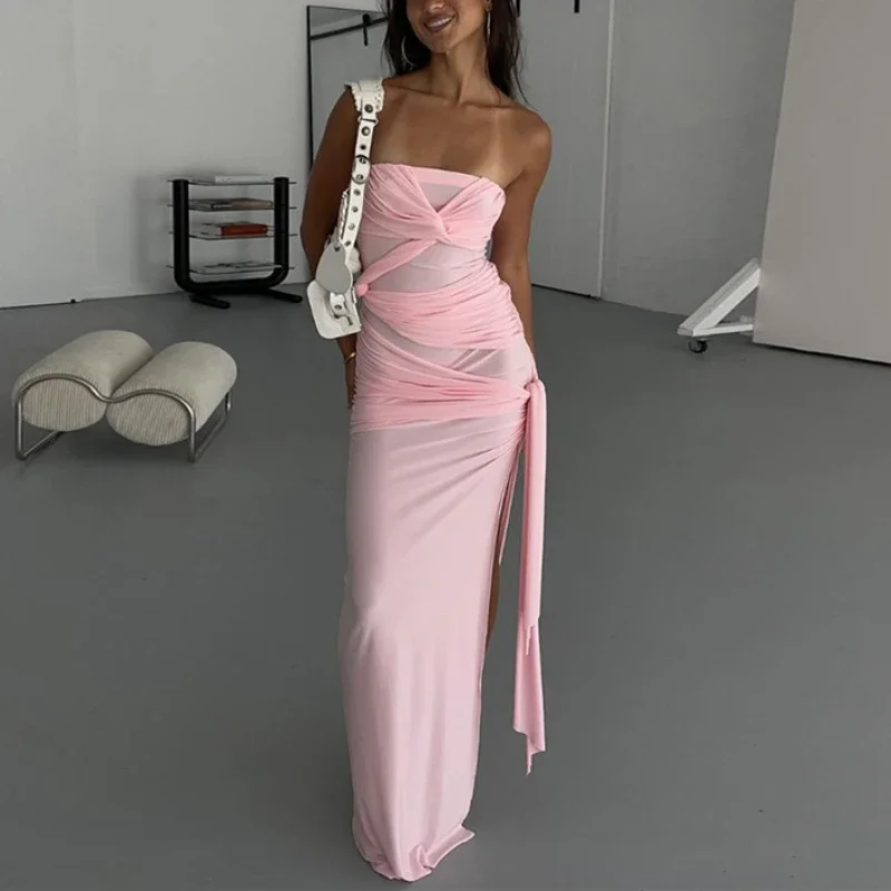 

2025 Strapless Tie Knot Pink Dress Women Fashion Slim Fit Sexy Long Dress Female Solid High Split Vacation Party Birthday Dress
