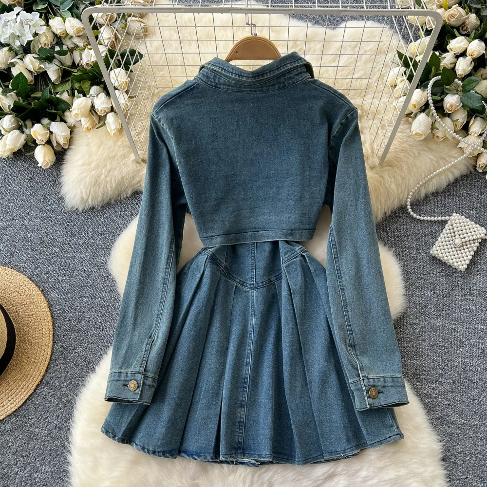 Neploe New Turn-down Collar Long Sleeve Sexy Set Cardigan Denim Slim Fit Pleated Skirt French Vintage Sweet Elegant Suits Robe