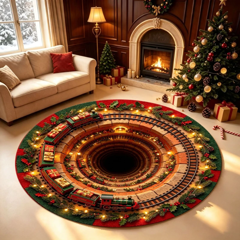 VIKAMA Christmas Round Rug 3D Optical Illusion Train Gift Box Pattern for Home Xmas Holiday Living Room Decorative Floor Mat