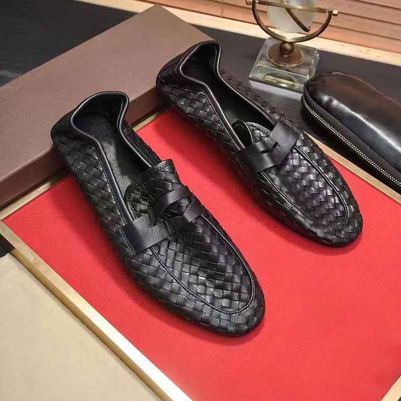 Hand-woven Loafers Black Oxford Shoes Genuine Leather Classic Style Dress Leather Shoes  Casual Round Toe Formal Shoes Men New