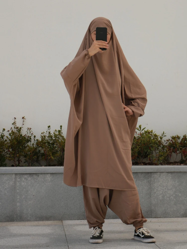 Eid Musulmano Donne Lungo Khimar Indumento di Preghiera 2 Pezzi Set Abaya Vestito + Pantaloni Harem Copertura Completa Ramadan Caftano Djellaba jilbab