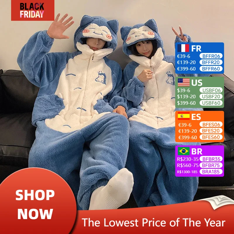 Kigurumis Anime Women Pajamas Jumpsuits  Men Sleepwear Winter Thicken Couples Hooded Pyjamas Velvet Zipper Onesie Soft Warm