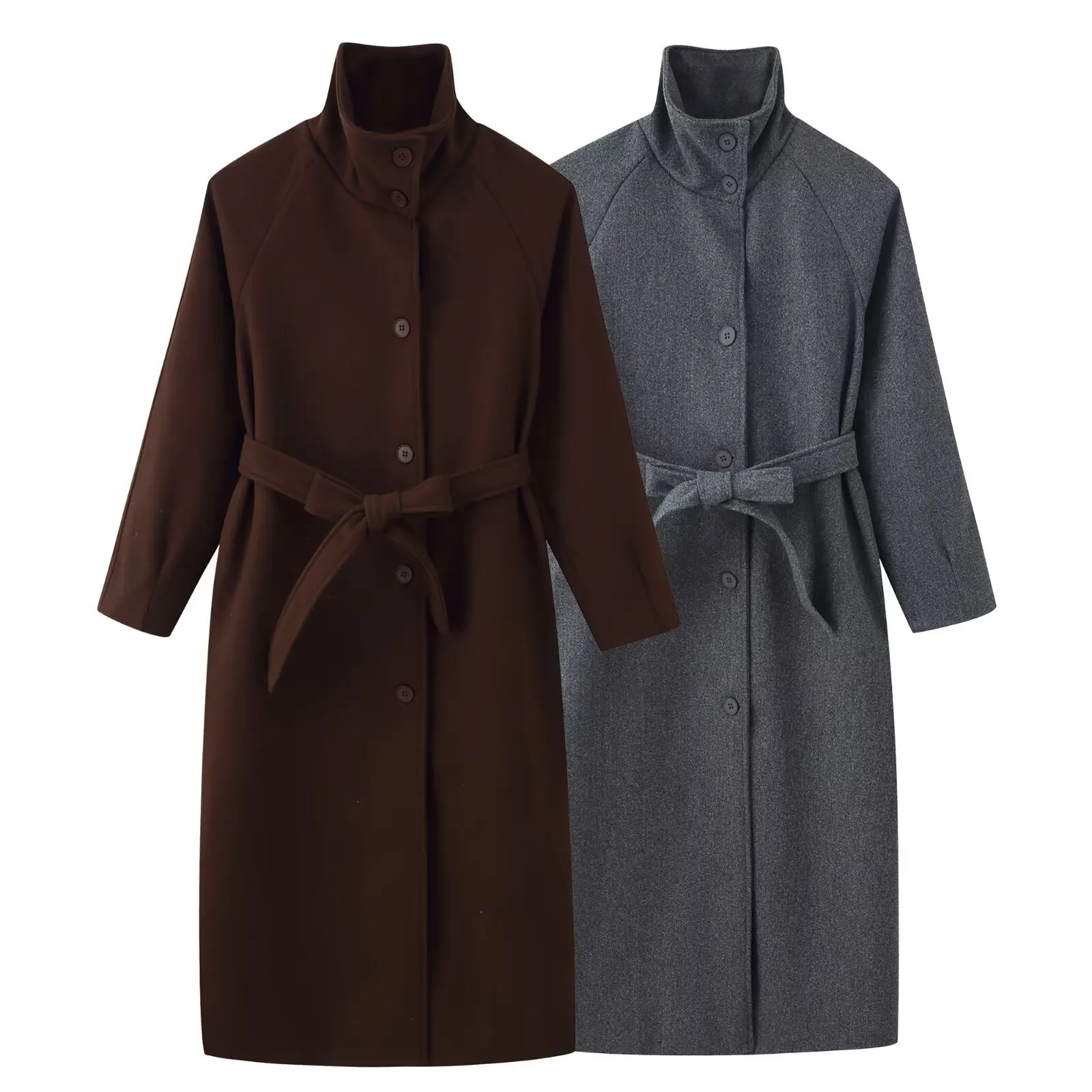 

European and American autumn and winter new versatile stand-up collar single-breasted long-sleeved long woolen jacket with belt