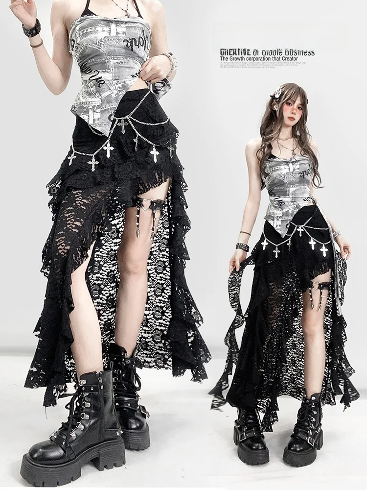 

Готическая асимметричная кружевная юбка с высокой талией Ciwalk ort Ba, длинная юбка средней длины с разрезом и нерегулярным подолом