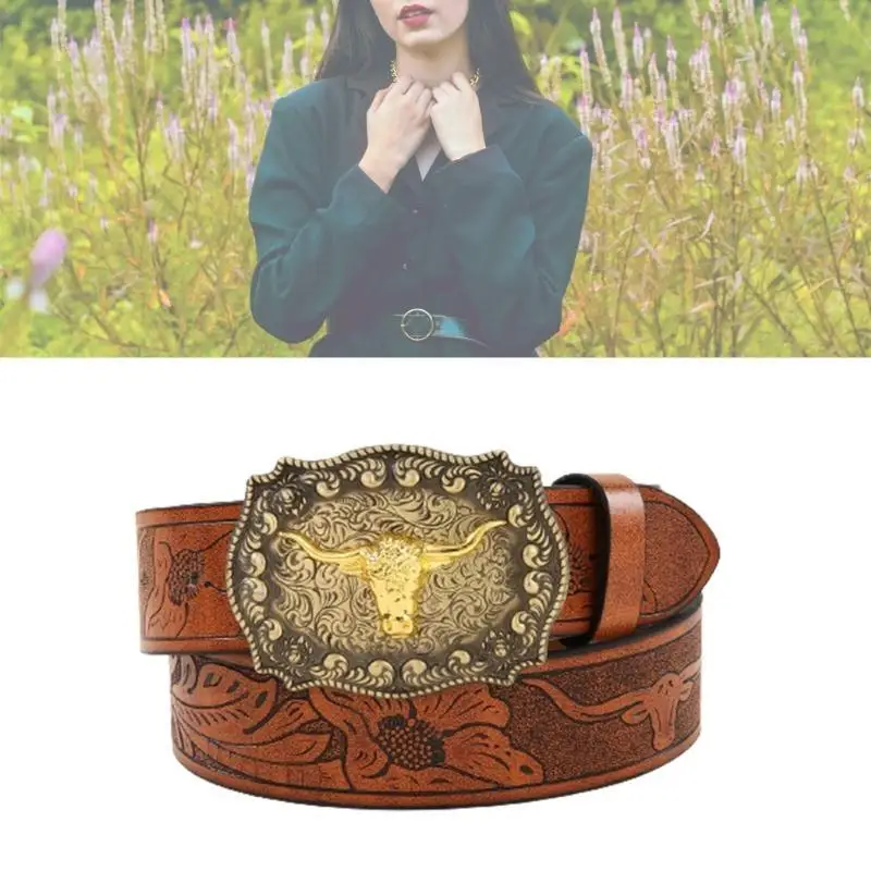 652f 빈티지 서부 벨트 롱혼 불 벨트 금속 버클 벨트 청바지 벨트 카우보이 벨트