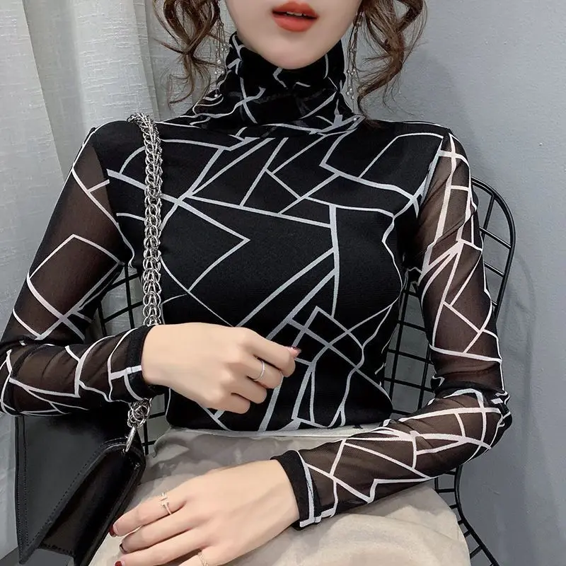 Woman Mesh Turtleneck Autumn T-Shirt Female Fashion Casual Long-Sleeved Printing Slim Tops Lady Long Sleeve Bottoming Shirt G251