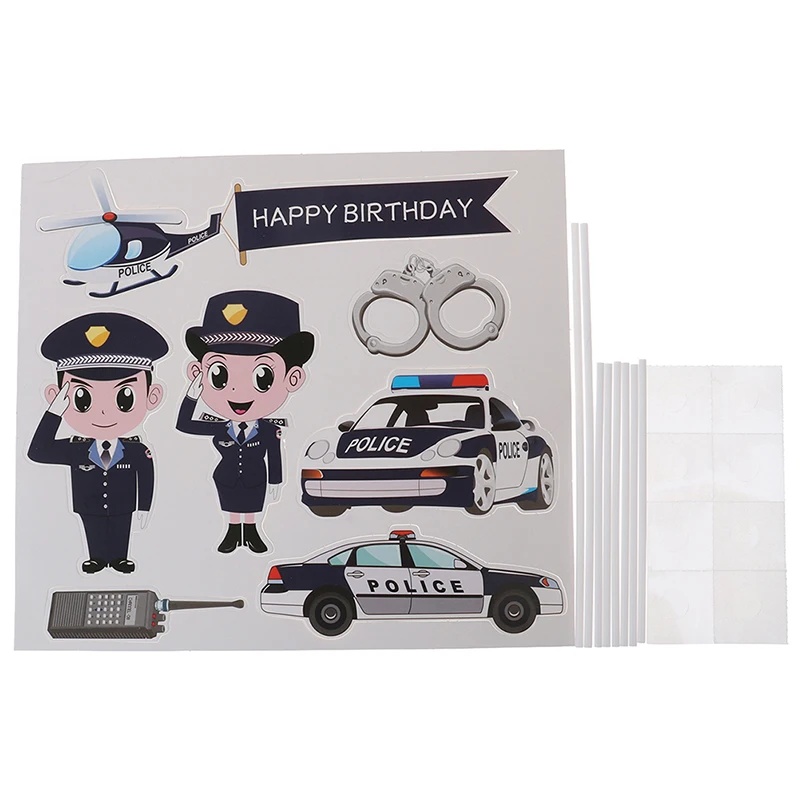 PRECUT Cartoon Police Car Plane Handcuffs Birthday Cupcake Toppers Decorations view 6