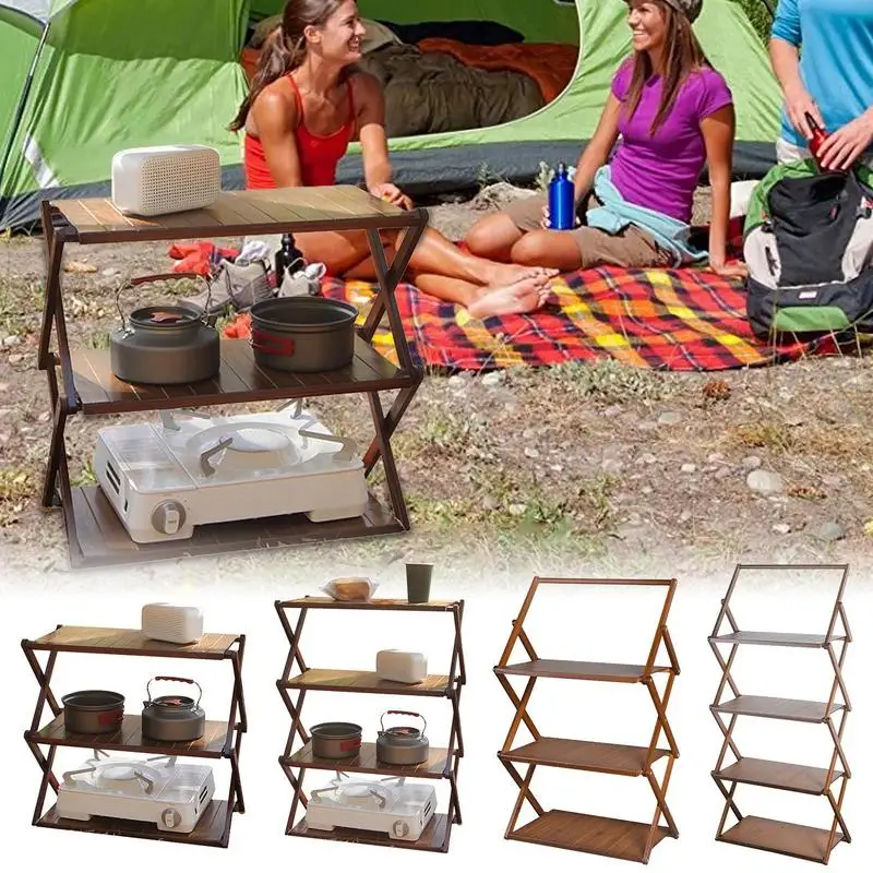 Camping Bamboo Shelf Rack Foldable Kitchen Shelving Freestanding Outdoor Storage Rack portable table Flower Holder Shelves