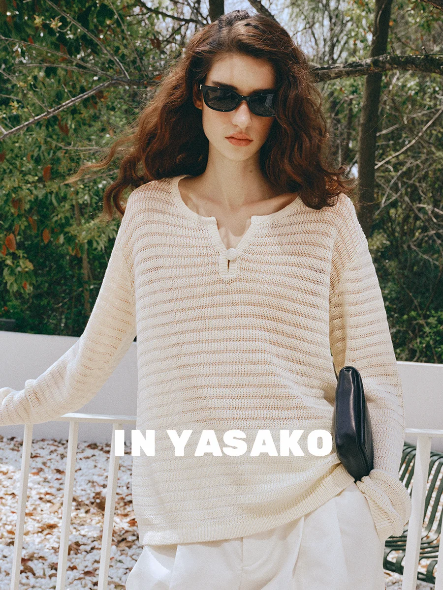 

Yasako Breathable Hollow out Knitted Cover up Long Sleeve Casual Style Loose Fit Women's Top with Paper Blend And Henry Collar