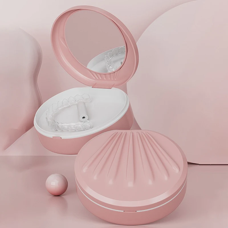 

Коробка для хранения ортодонтических ретейнеров и брекетов в форме ракушки, 2 слоя, с зеркалом, для снятия элайнеров, для чистки зубных протезов, для гигиены полости рта