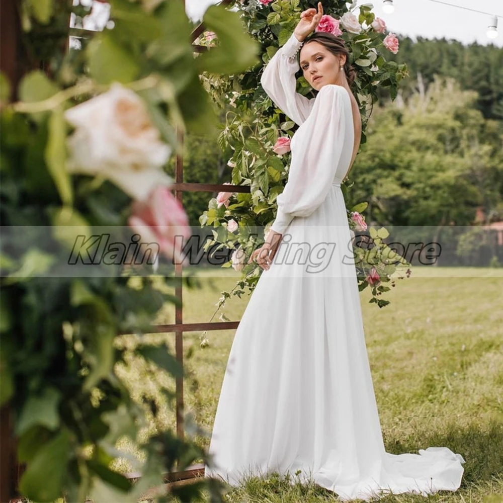 Weilinsha-Robe de mariée simple pour les mariées, ligne A, manches longues, sexy, dos ouvert, col bateau, patients, quoi que ce soit avec train court, sur mesure