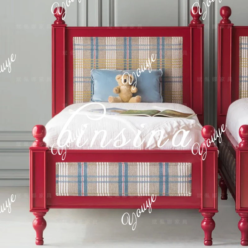 

[Retro town] Children's single bed/red solid wood master bedroom double bed/boy good girl bed can be customized
