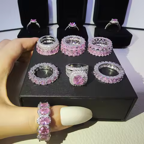 2026 New Arrival Luxury Real silver color bride Pink Engagement Wedding Ring Set Band Eternity For Women Party Gift Jewelry Z11