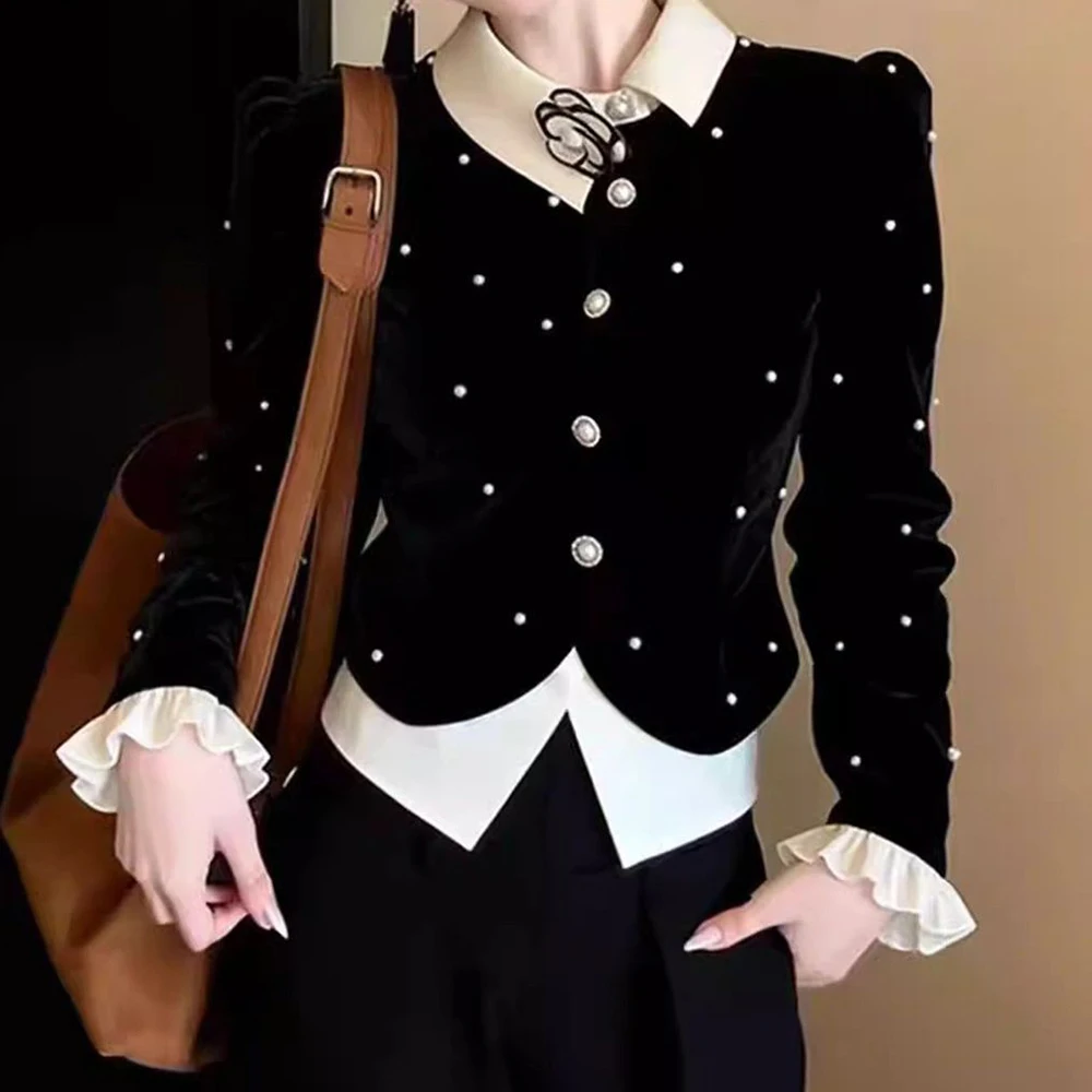 Spring 2026 new foreign style age-reducing thin top French heavy industry bead color matching long-sleeved velvet shirt women