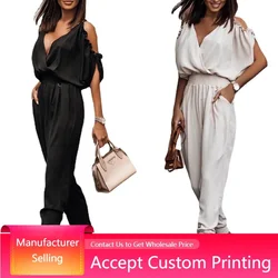 Women Jumpsuits Summer Casual Solid Elastic Waist Bodycon Jumpsuit Sexy Off Shoulder V Neck Short Sleeve Solid Pocket Long Pant