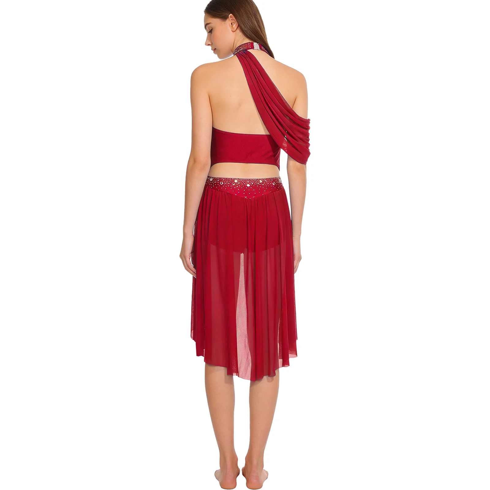 Womens Latin Tango Dance Dress Halter Backless Rhinestoned Ruched Mesh Irregular Hem Leotard Dress for Practice Performance