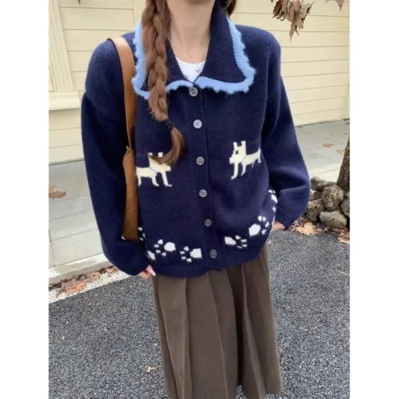 

Women Sweater Cute Autumn Winter Knitwear Korean Style Lapel Retro Fair Isle Jacquard Sweater Coat Women Thickened College Style