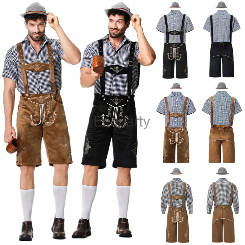 New German Oktoberfest Costume For Men Beer Lederhosen Top Suspenders Shorts Hat Set Male Tradition Bavarian Party Outfits