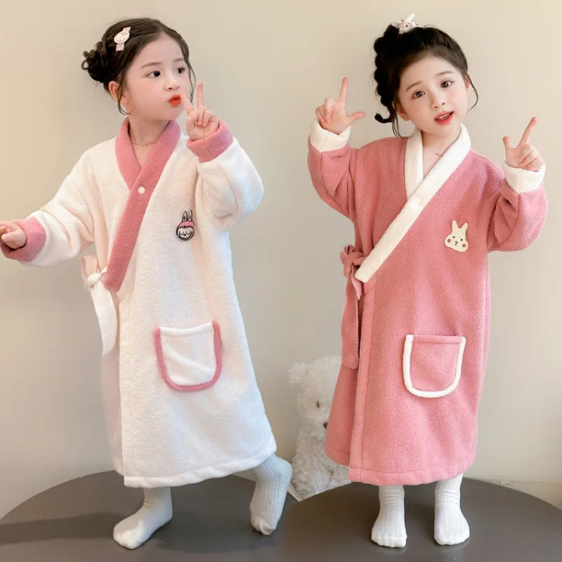 

Girls 7 To 12 Years Old Autumn Winter Robe Pure Color Nightgown Comfortable Bathrobe Loose Loungewear Simple Kids Clothes Pj Set