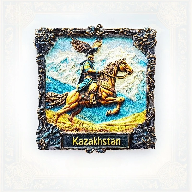 Kazakhstan Equestrian Fridge Magnet - 3D Golden Eagle Hunter Souvenir Steppe Warrior Decor Unique Central Asia Gift