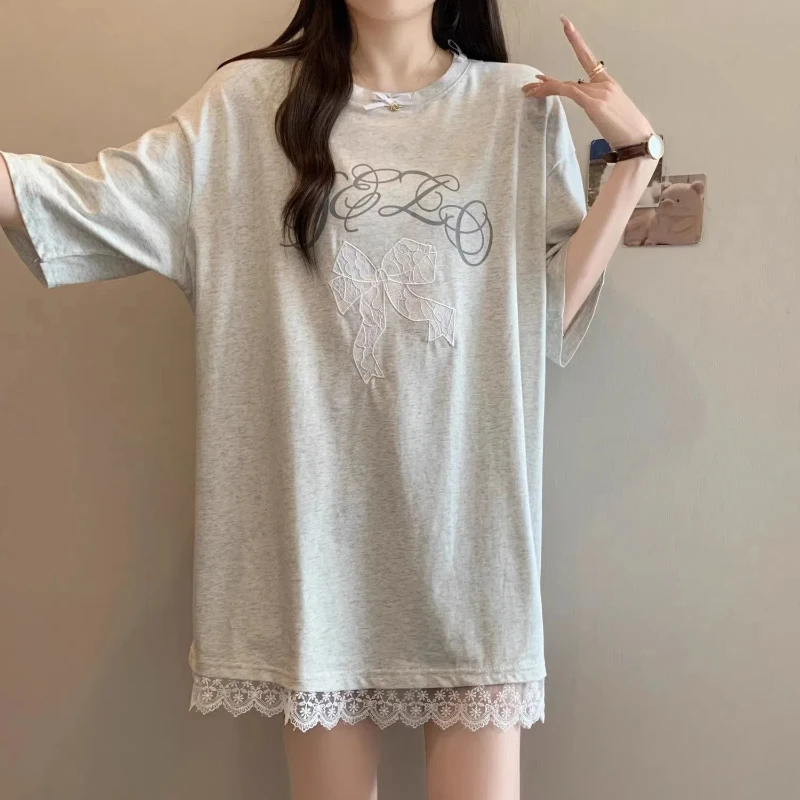 Plus Size 300 Jin Women's Lace Hem Ruffle Bow Short Sleeve T-Shirt for Fat MM Medium Length Top