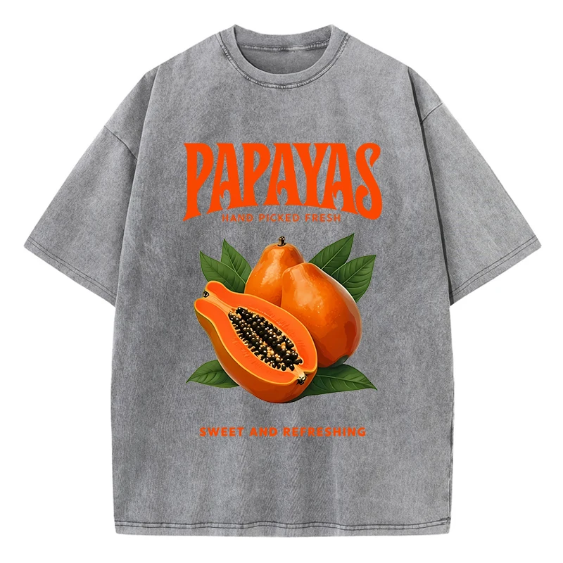 Papayas Hand Picked Fresh Prints Washed T-Shirt Womens Cotton T Shirts O-Neck Comfortable Distressed Tops Summer Womans Clothes