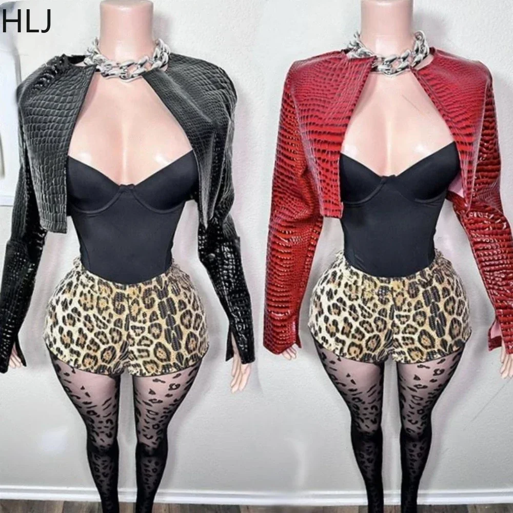 

HLJ Fashion Retro Leopard 4 Piece Sets Women Leather Jacket+Tank Bodysuit+Shining Leopard Shorts+Socks Outfits Y2K Streetwear