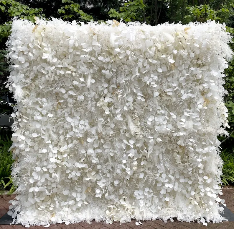 White Rose 5D Artificial Flower Wall Wedding Backdrop Fabric Floral Green Plant Wall Window Display Event Party Props Flower Row