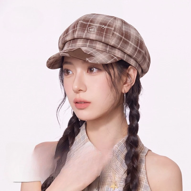 Women Octagonal Beret Hat Plaid Check Pattern Letter Embroidery Star Patch Brim Vintage Newsboy Cap  Adjustable Painter Hat