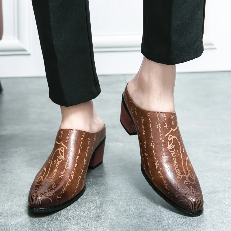 Plus Size 46 Mules Men Backless Loafers Platform Closed Toe Leather Half Slippers Slides Sandals Slip-on Open-back Dress Shoes