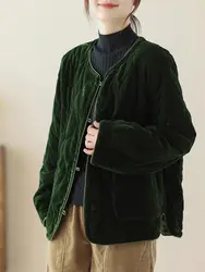 Art Retro Warm Cardigan Cotton Jacket For Women Autumn And Winter Large Size Fashionable Casual Pocket Quilted Coat Abrigos A110