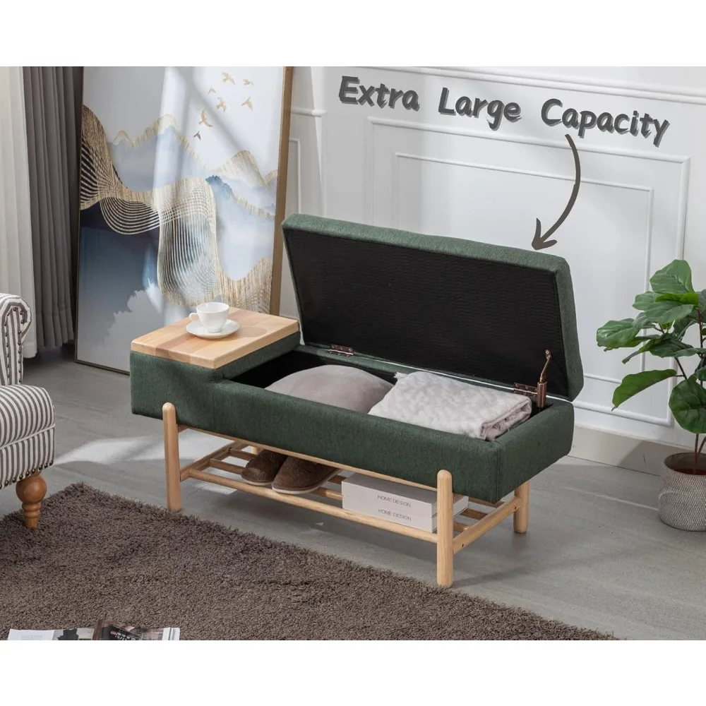 Upholstered Storage Ottoman Bench - Bedroom/Living Room Multi-Functional Seat with Shoe Storage & Wood Legs, Coffee Table