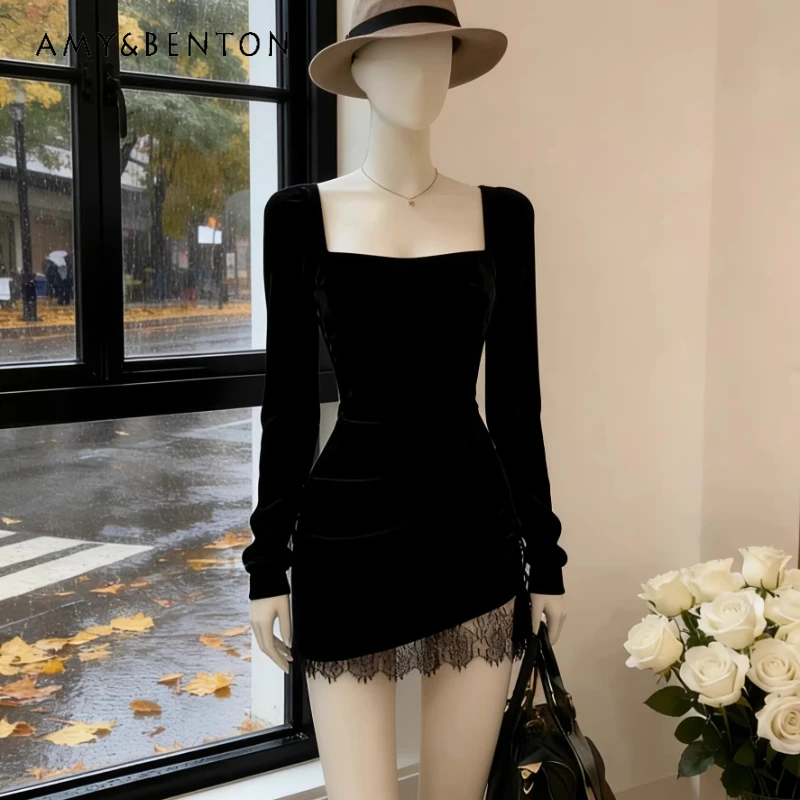 

Vintage Design Black Square Neck Velvet Lace Splicing Women's Dress 2026 Spring Autumn Long Sleeve Bodycon Short Dresses Ladies
