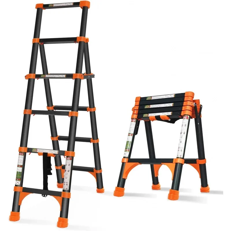 A-Frame Aluminum Telescopic Ladder with 1-Button Retraction, Portable Extension Ladder Adjustable Lightweight Folding Ladder