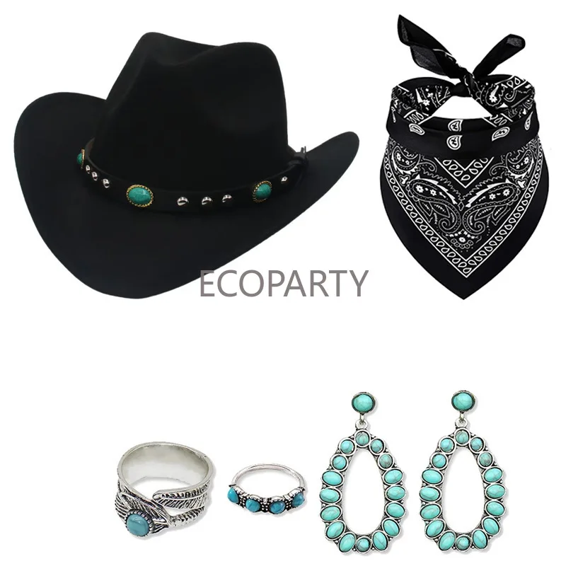 Accessoires de Cowboy occidental pour femmes, Style ethnique, chapeau de Cowboy, cuir chevelu de taureau, corde tressée, casquette en feutre, collier, boucles d'oreilles, bague, ensemble habillé