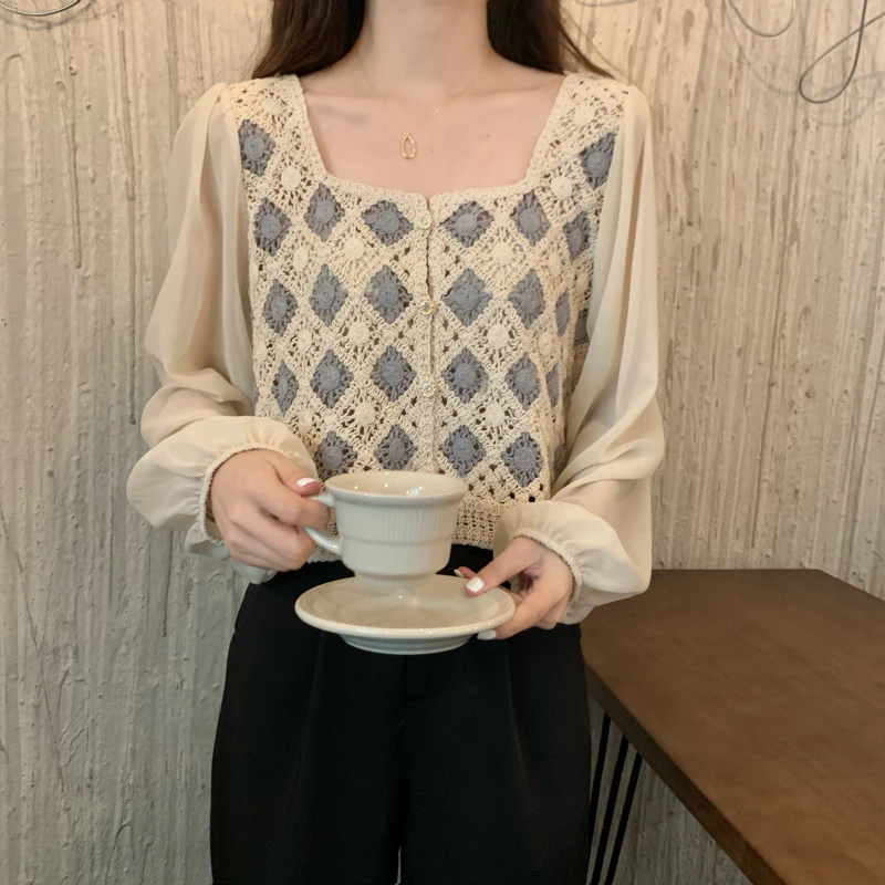 Geometric Embroidery Crochet Blouse with Chiffon Sleeve Button Front Cardigan Top Women Spring Summer Fairycore Cottagecore