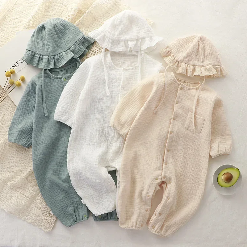 

Muslin Baby Jumpsuit Hat Long Sleeve Cotton Toddler Romper for Boys Girls Solid Color Spring Autumn Baby Clothes Newborn Onesie