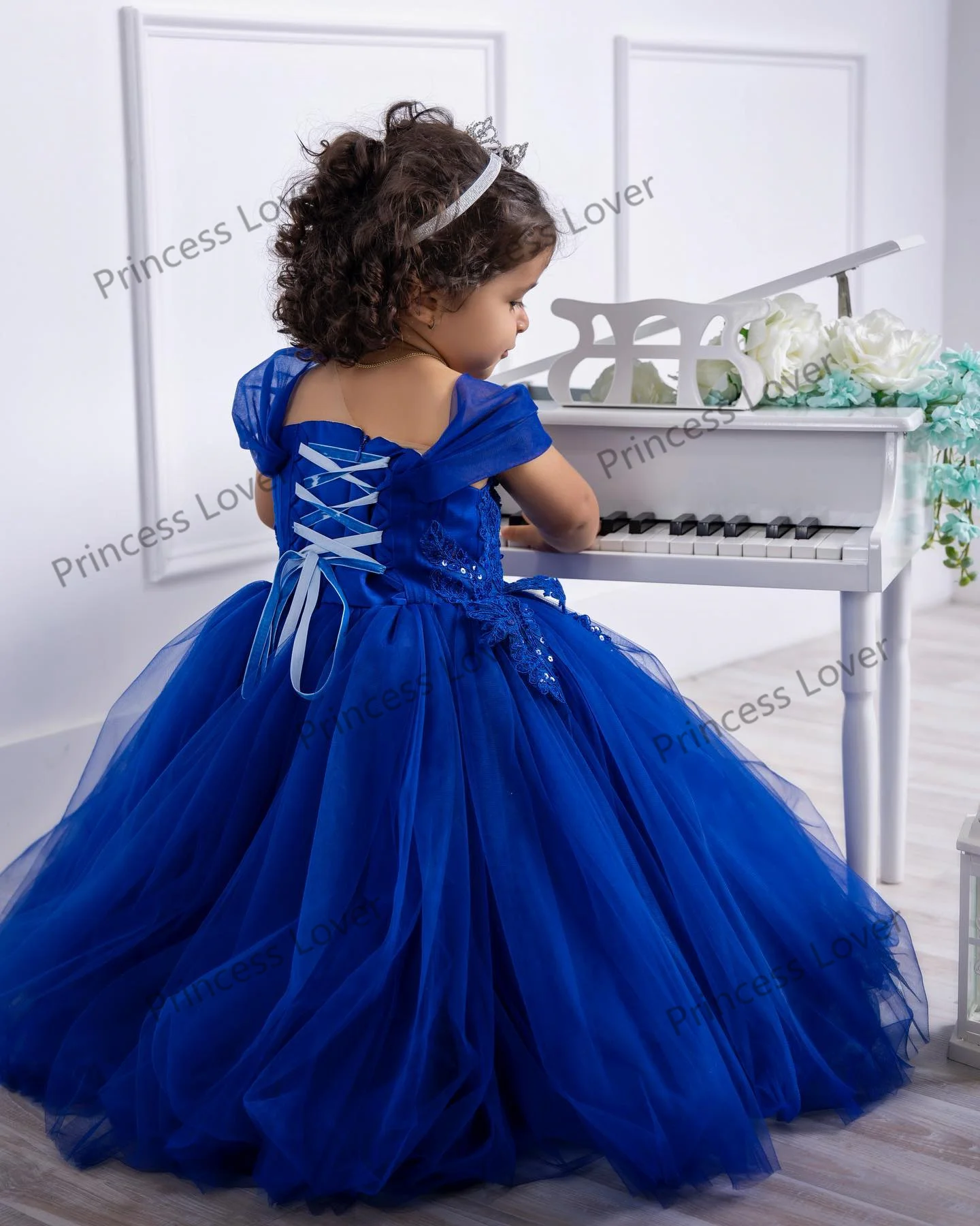 Blue Tulle Flower Girl Dresses Lace Sequined Ball Gown Cute Cap Sleeve Princess Birthday Party Dress